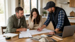 Propietarios en Denver revisando planos y presupuesto para un proyecto de mejoras del hogar